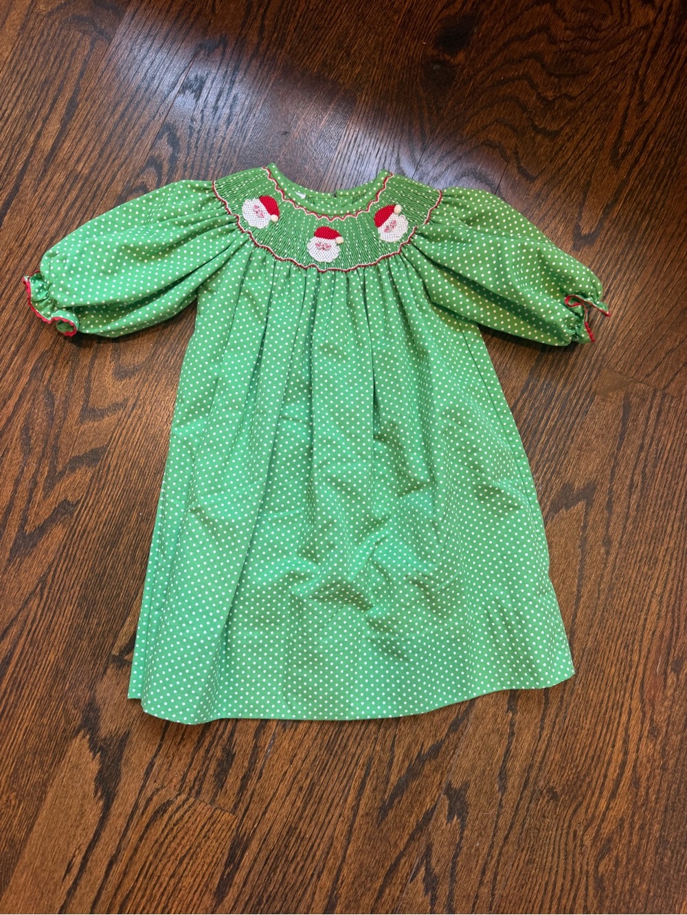 Elan Green Polka Dot Smocked Dress with Santa Faces